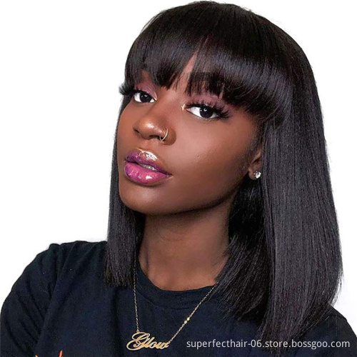 Wholesale Virgin Straight Bob Wig With Bangs Full Machine Made Wig For Black Women Natural Color Short Cheap Human Hair Wigs